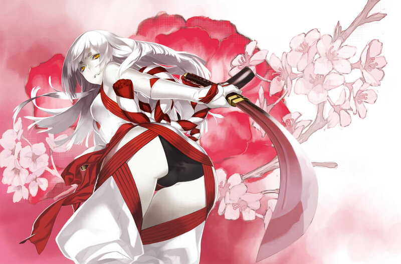 Anime Woman with Sword — Red, Dramatic, Spring