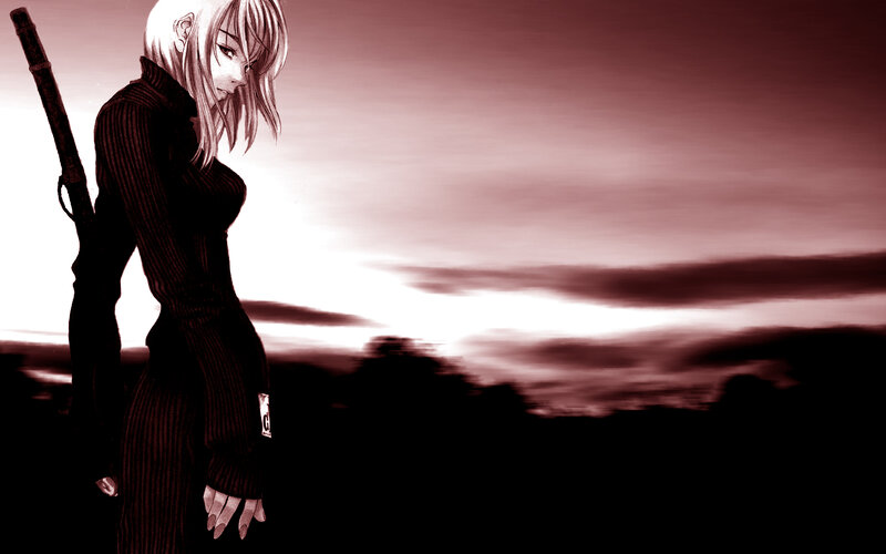 Anime Woman with Sword — Red, Dramatic, Sunset, Manga