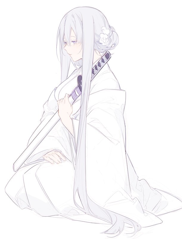 Anime Woman with Sword — White, Calm, Digital Art, Kimono