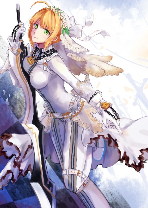 Anime Woman with Sword — White, Dramatic, Digital Art, Flower Crown