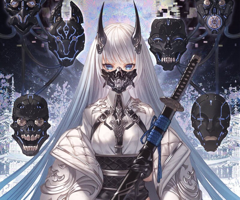 Anime Woman with Sword — White, Dramatic, Digital Art, Masks, Long Hair