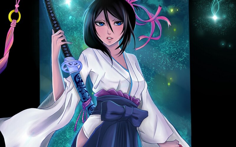 Anime Woman with Sword — White, Dramatic, Night, Digital Art, Kimono, Ribbons