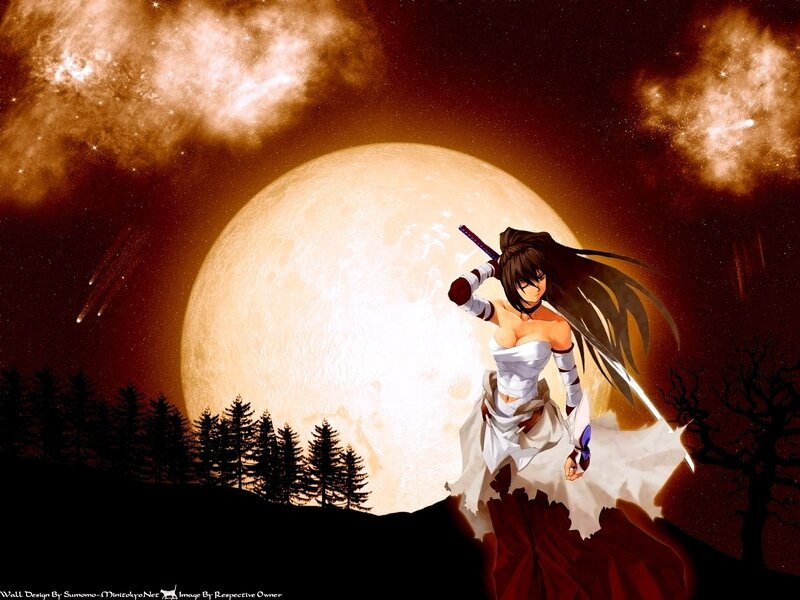Anime Woman with Sword — White, Dramatic, Night, Digital Art, Moon