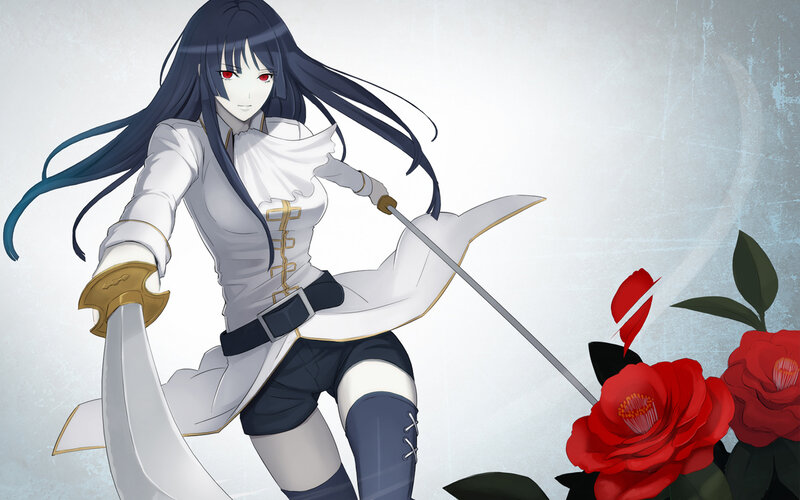 Anime Woman with Sword — White, Dramatic, Red Flowers