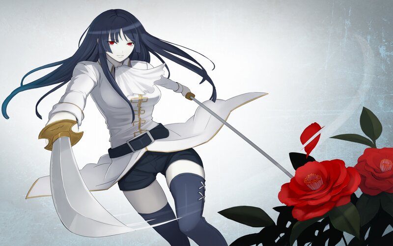 Anime Woman with Sword — White, Dramatic, Red Roses