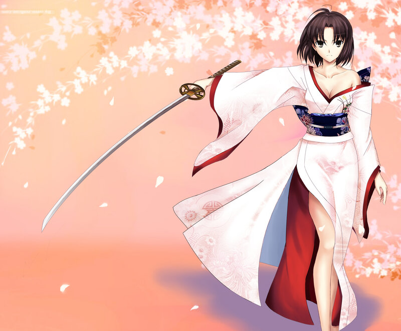 Anime Woman with Sword — White, Dramatic, Spring, Kimono