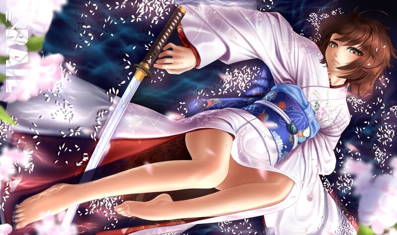Anime Woman with Sword — White, Dramatic, Spring