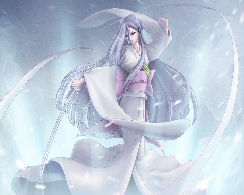 Anime Woman with Sword — White, Dramatic, Winter