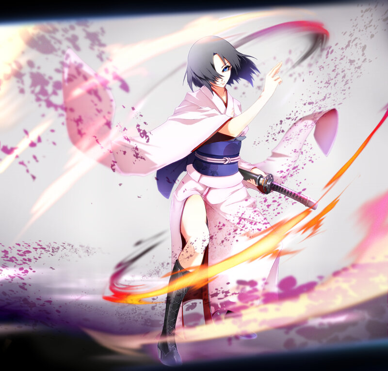 Anime Woman with Sword — White, Dynamic, Intense