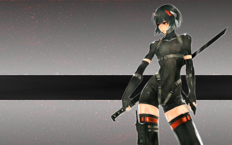 Anime Woman with Swords — Black, Dramatic, Digital Art, Black Suit, Headset