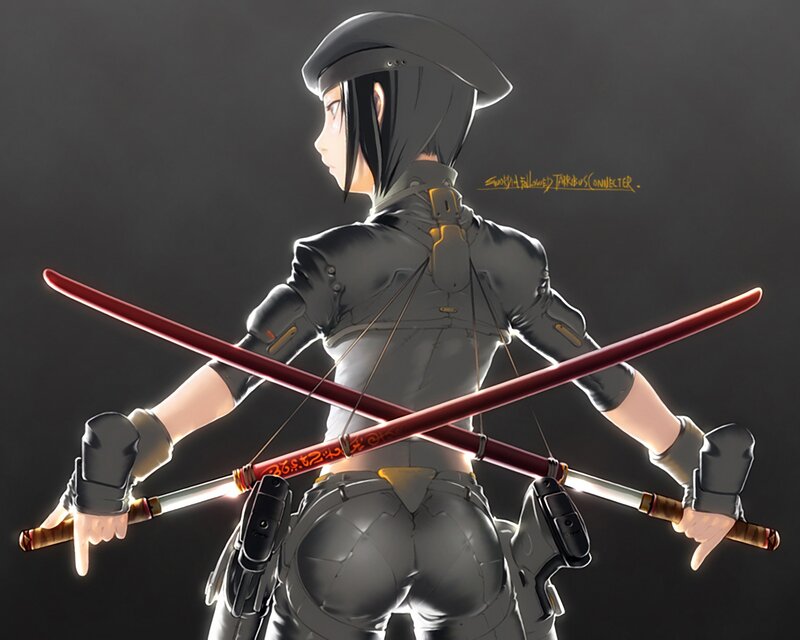 Anime Woman with Swords — Black, Dramatic, Digital Art