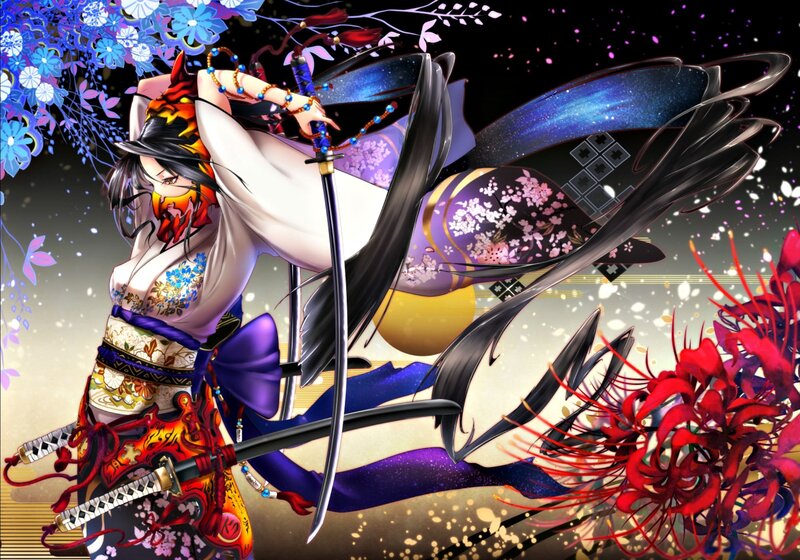 Anime Woman with Swords — Black, Dramatic