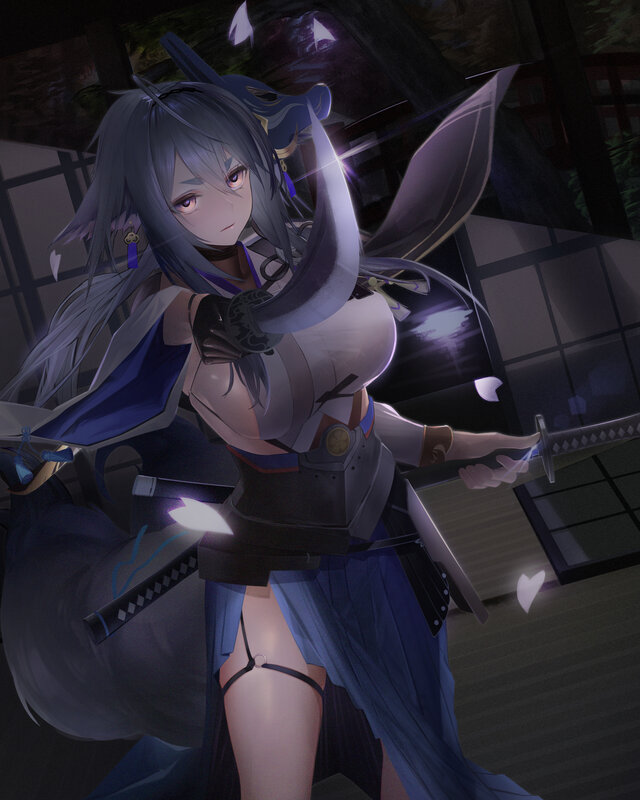 Anime Woman with Swords — Gray