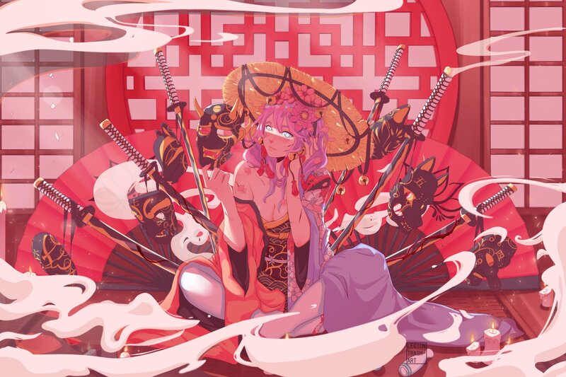 Anime Woman with Swords — Red, Dramatic