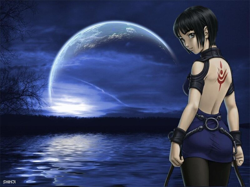 Anime Woman with Tattoo — Blue