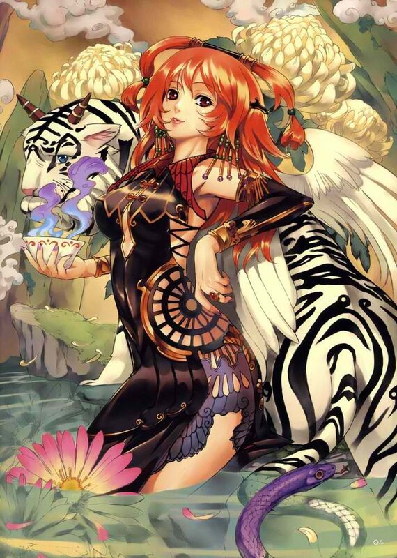Anime woman with tiger and snake