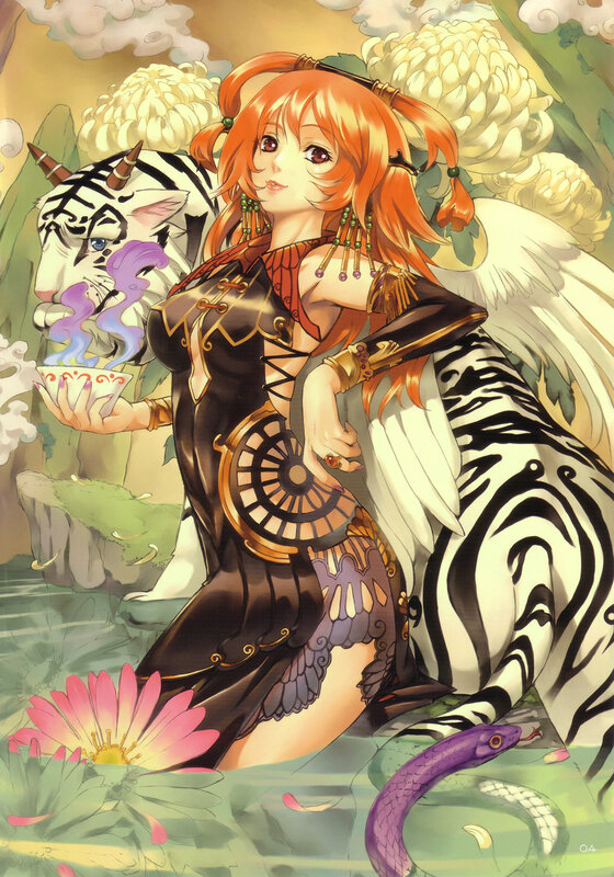 Anime woman with tiger and snake
