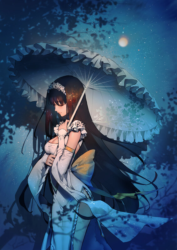 Anime Woman with Umbrella — Blue, Serene