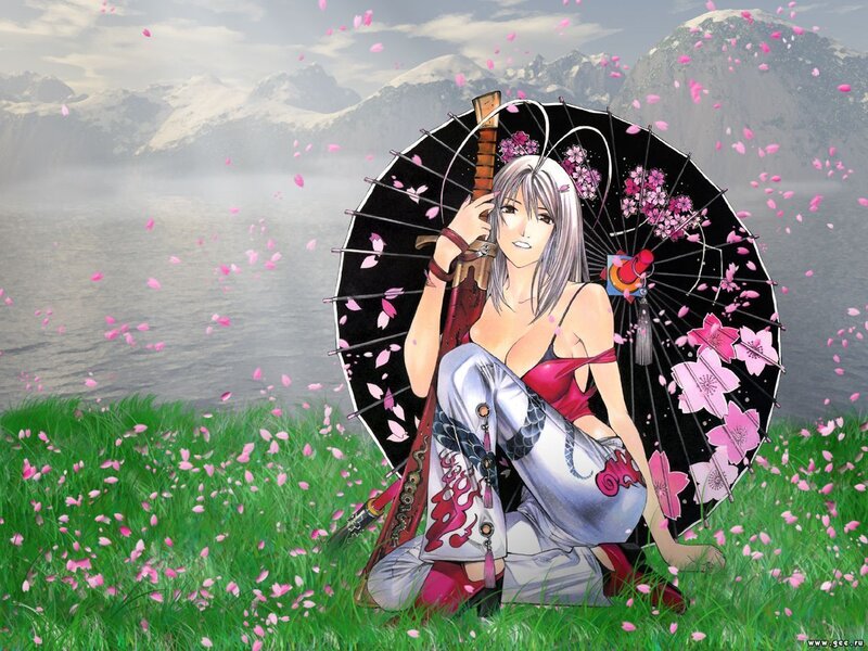 Anime woman with umbrella in field