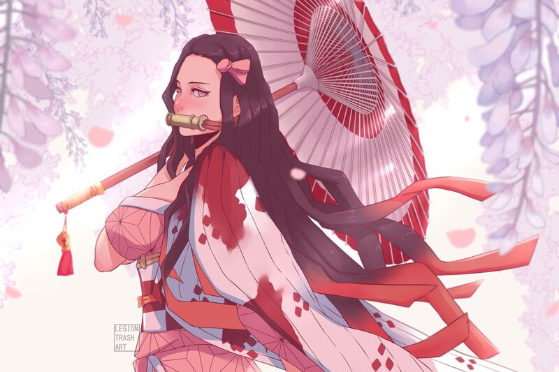 Anime Woman with Umbrella — Pink, Serene, Spring