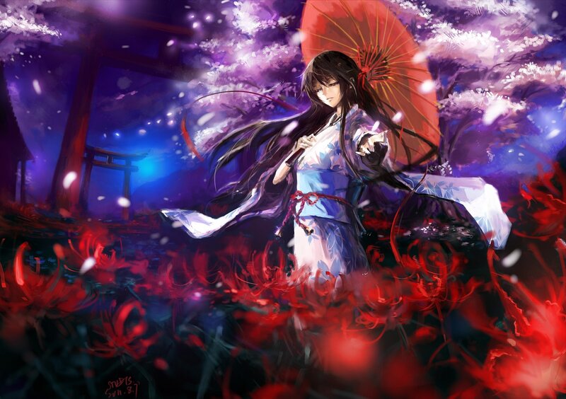 Anime Woman with Umbrella — Purple, Dramatic, Night, Digital Art, Cherry Blossoms