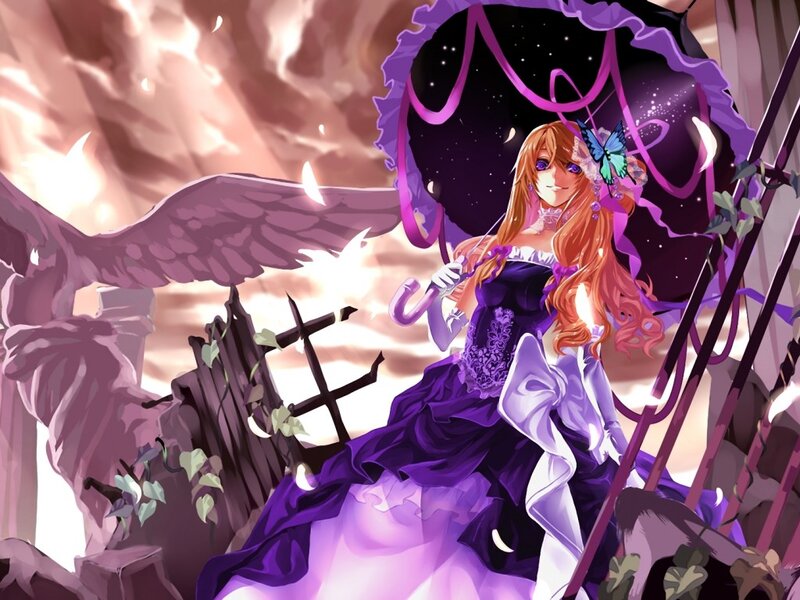 Anime Woman with Umbrella — Purple, Dramatic, Night
