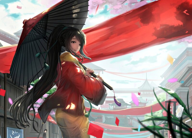 Anime Woman with Umbrella — Red, Festive