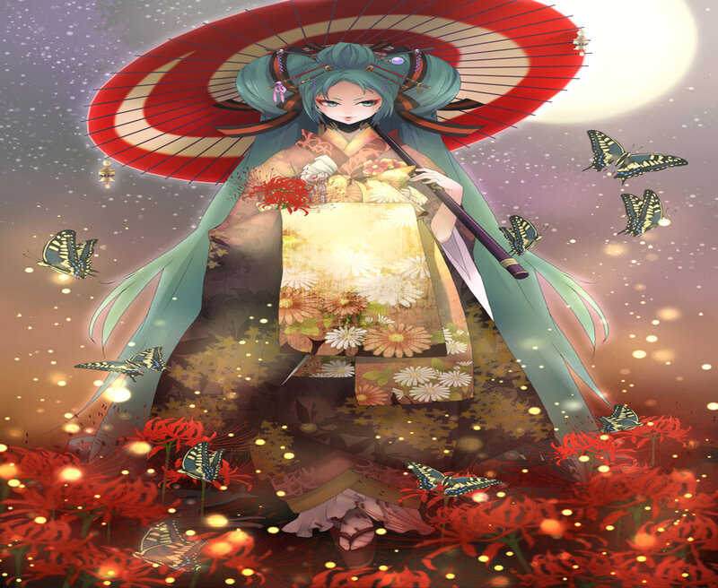 Anime Woman with Umbrella — Red, Serene
