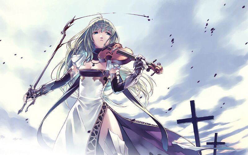 Anime Woman with Violin — White