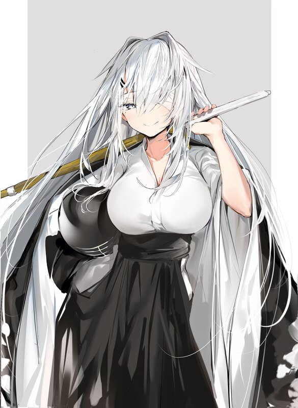Anime Woman with White Hair — Calm, Digital Art, Sword