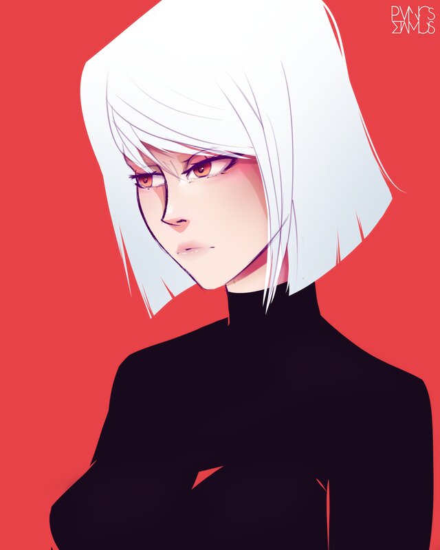 Anime Woman with White Hair — Red, Dramatic, Digital Art, Red Background