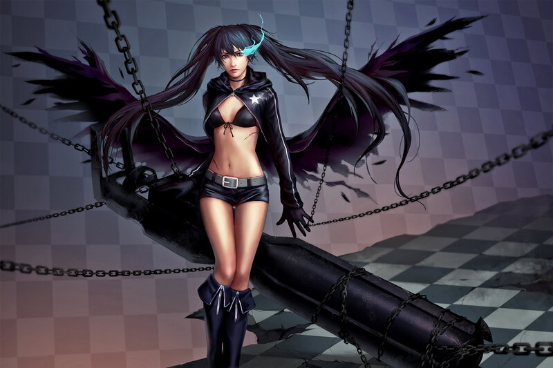 Anime Woman with Wings — Black, Dramatic, Digital Art, Chains