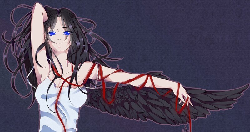 Anime Woman with Wings — Black, Dramatic, Night, Digital Art, Red Ribbons