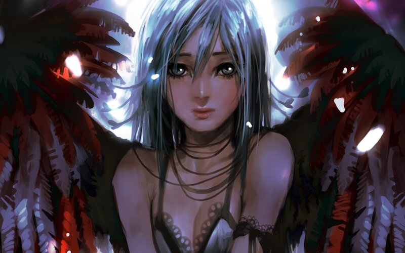Anime Woman with Wings — Blue, Dramatic, Digital Art