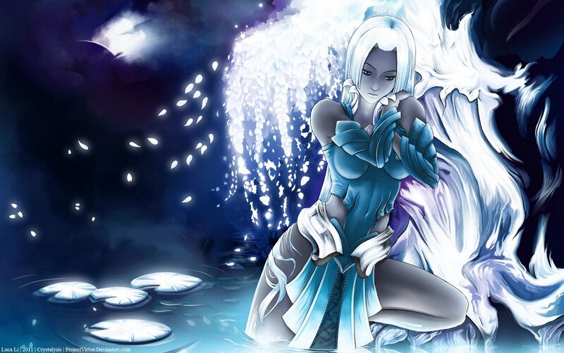 Anime Woman with Wings — Blue, Dramatic, Night, Digital Art, Water Lilies