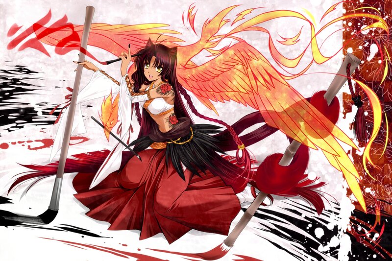 Anime Woman with Wings — Red, Dramatic, Digital Art