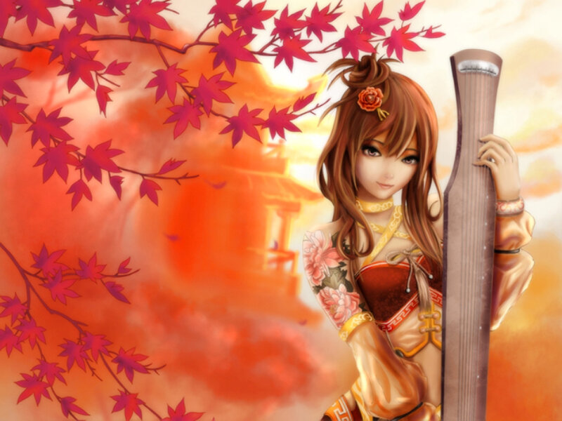 Anime Woman with Zither