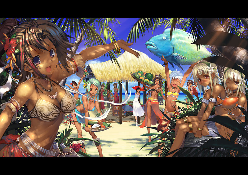 Anime Women on Beach — Blue, Tropical