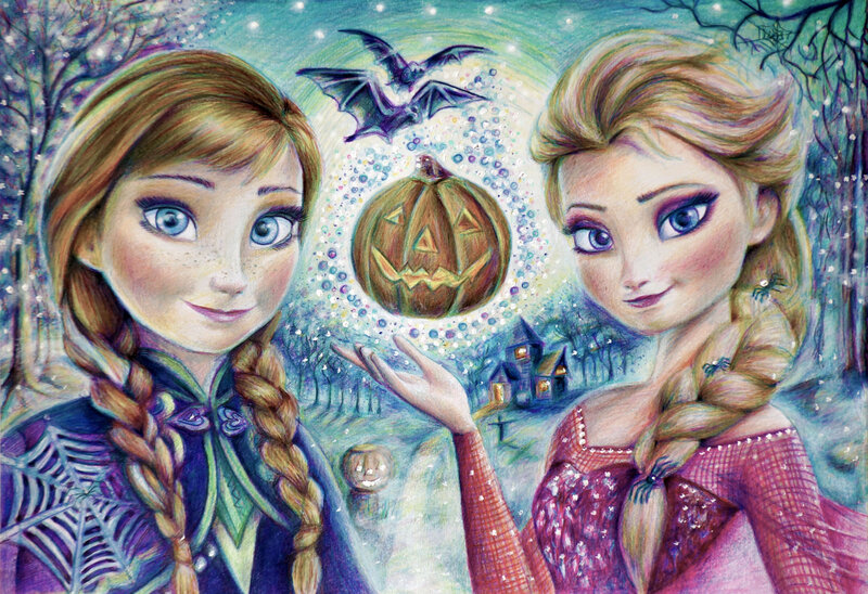 Anna and Elsa in Halloween Scene