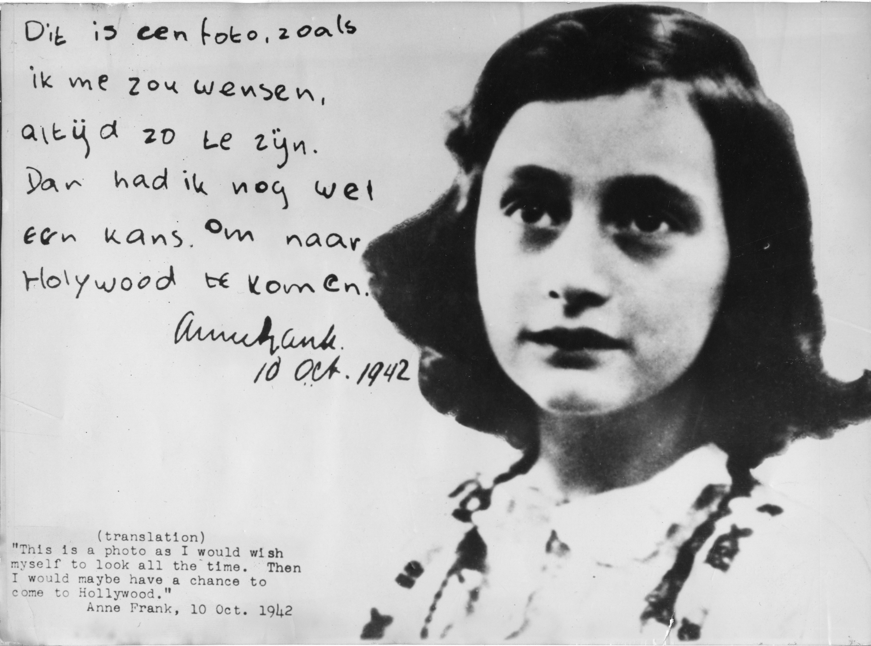 Anne Frank photo with handwritten note