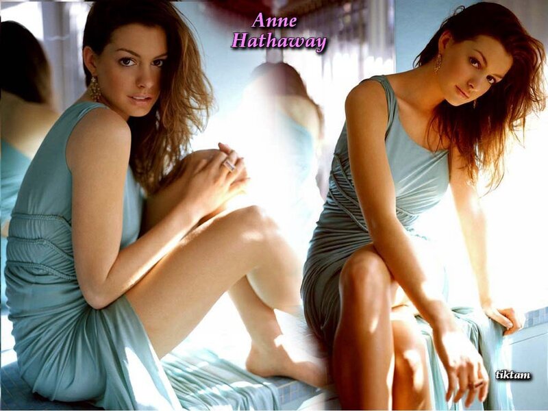 Anne Hathaway in a blue dress
