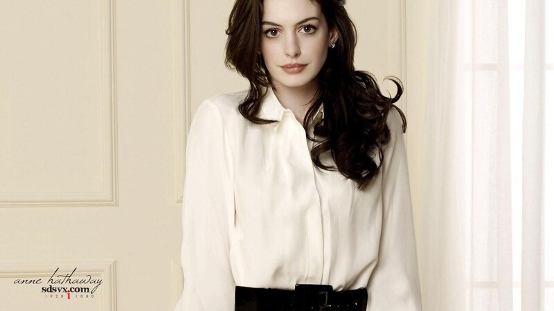 Anne Hathaway in white blouse
