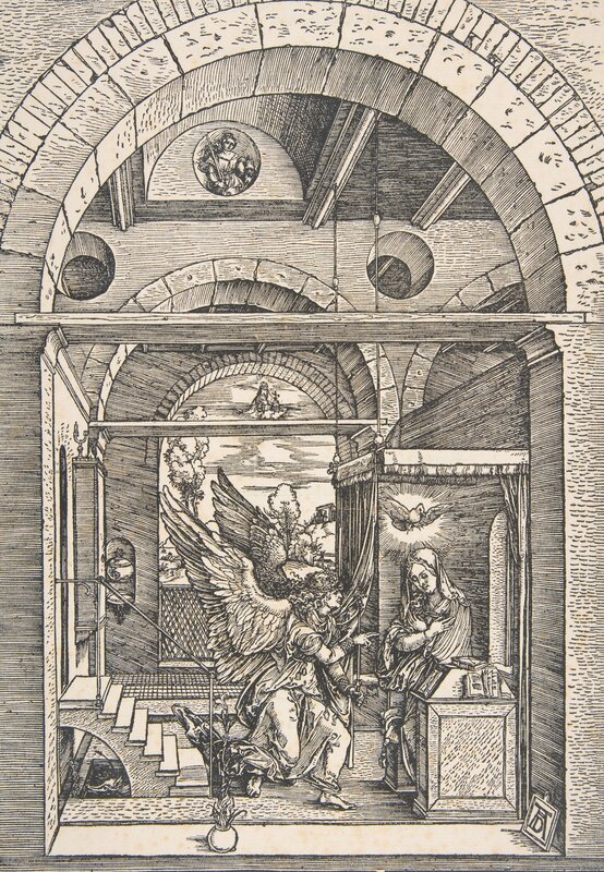 Annunciation scene engraving