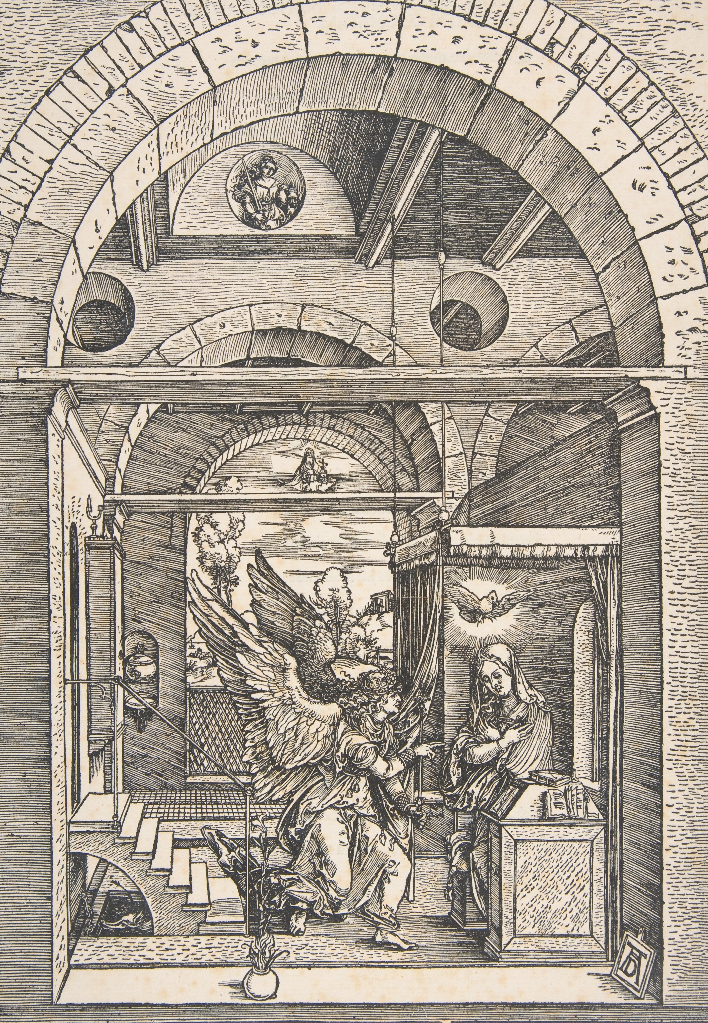 Annunciation scene engraving