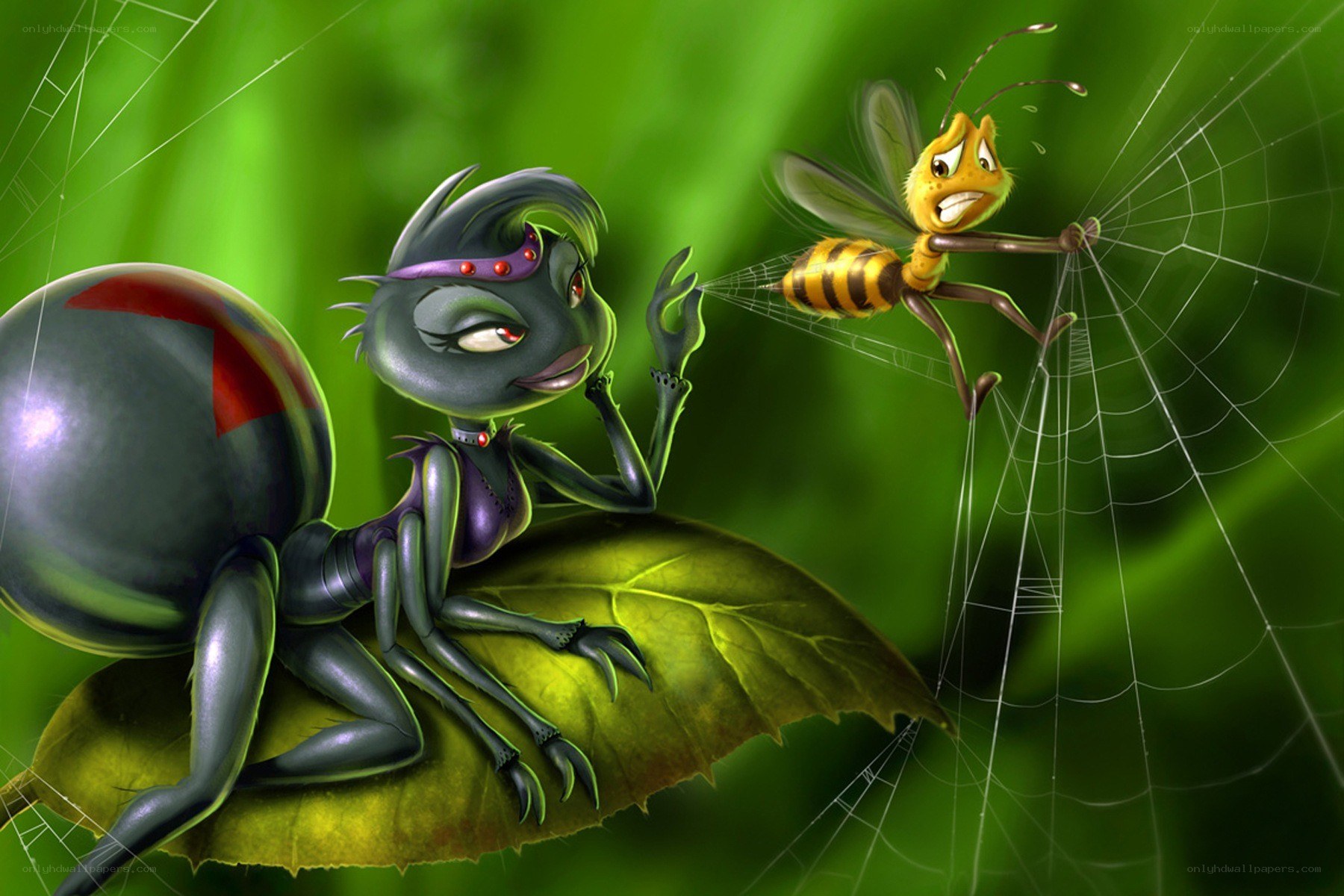 ant and bee in a web