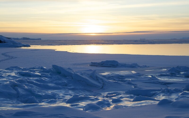 Antarctic ice at sunset