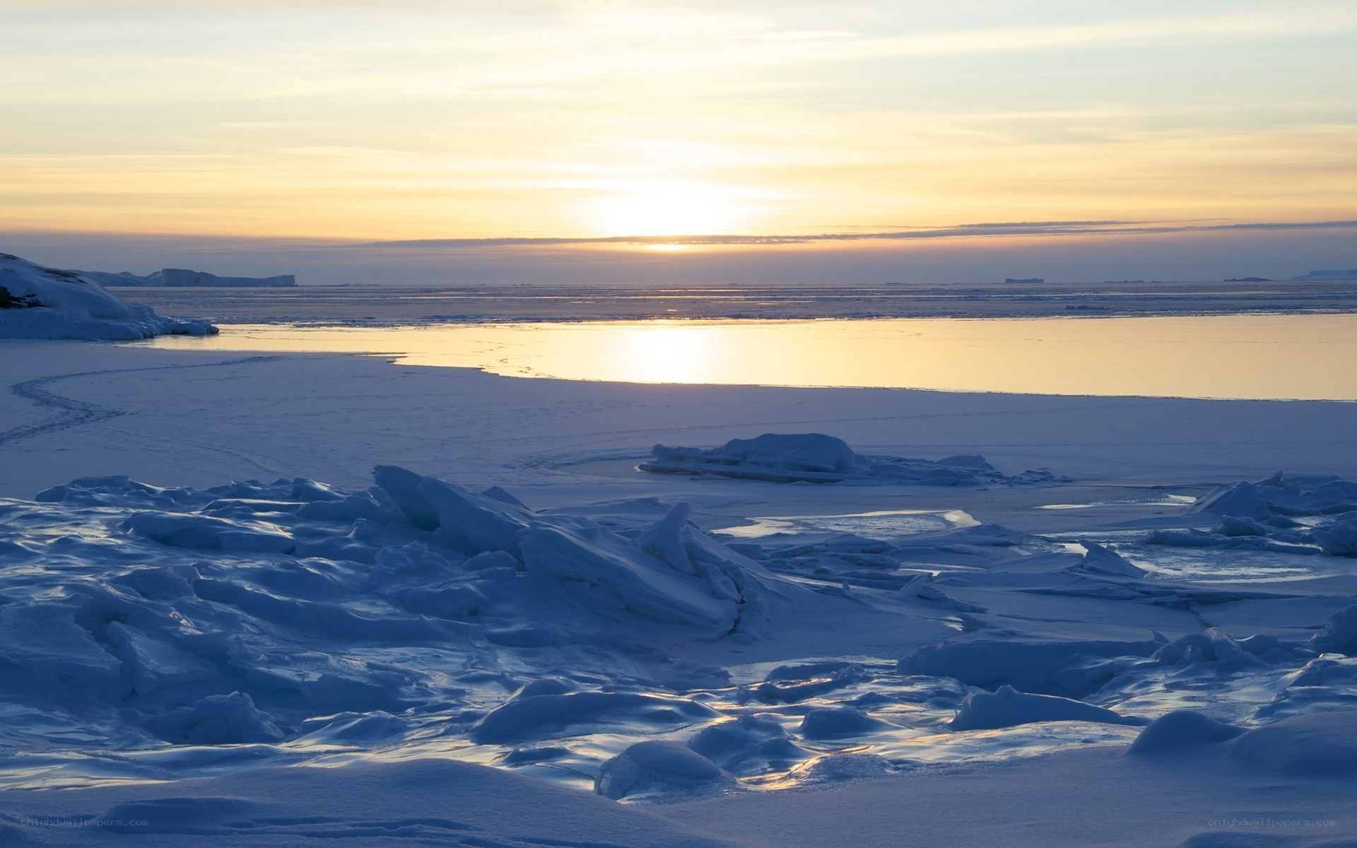 Antarctic ice at sunset