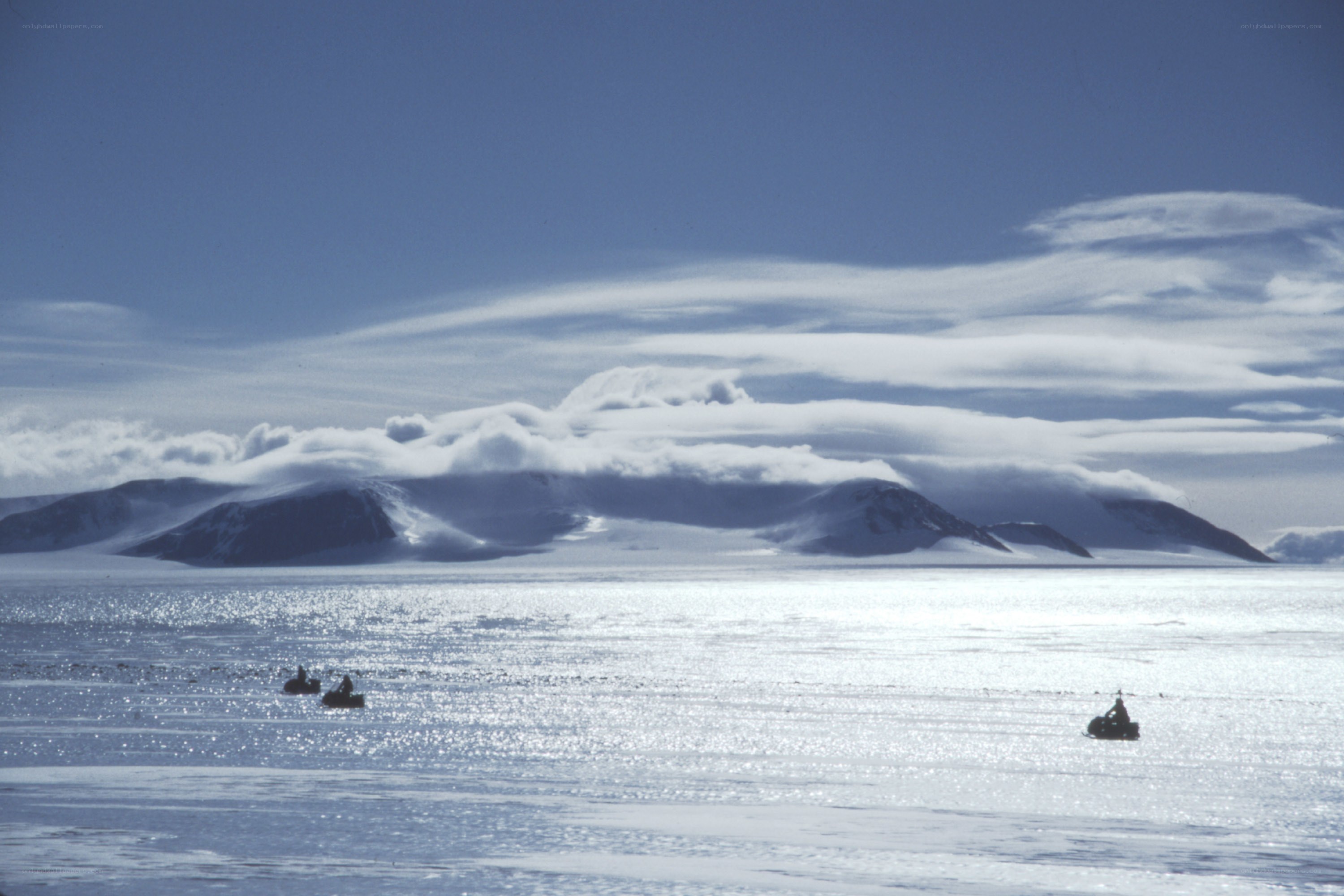 Antarctic ice field with vehicles