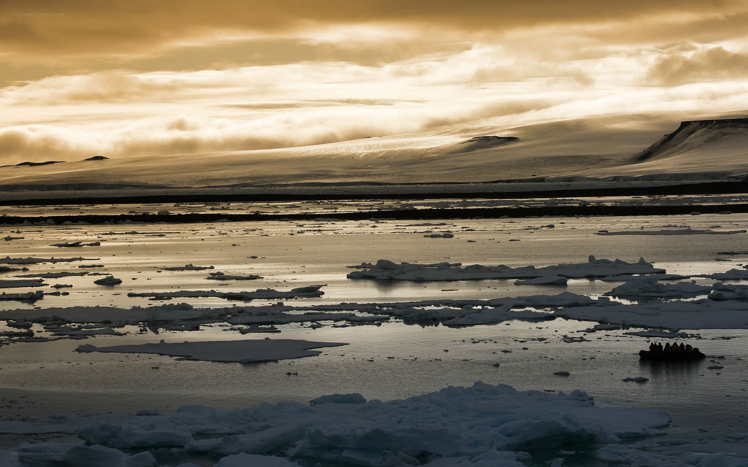 Antarctic ice floes at sunset