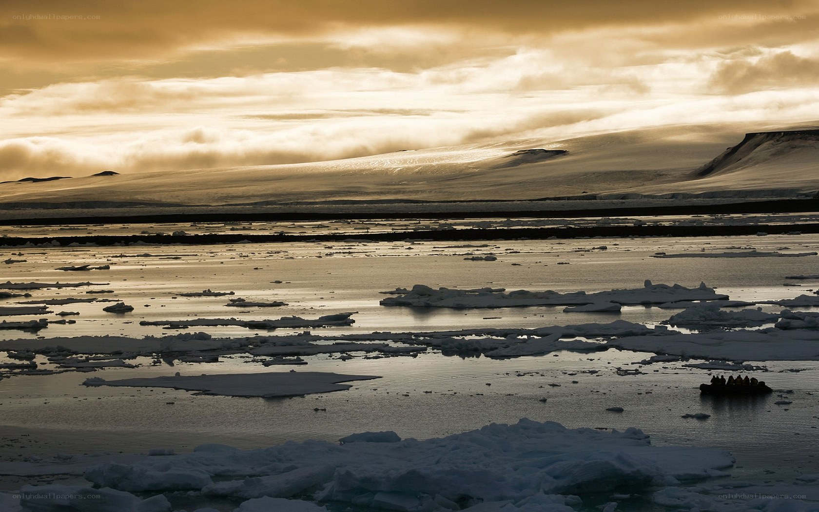 Antarctic ice floes at sunset